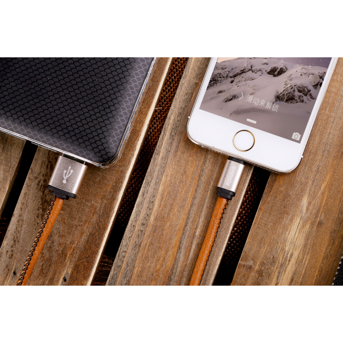 Кабель для заряджання телефонів USB - Lightning у шкіряному обплетенні, довжина 1 метр