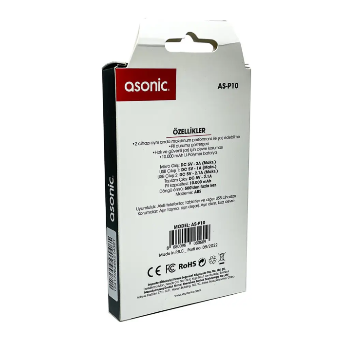 Повербанк Asonic AS-P10 10000 мАг 2*USB 2.1A 10W