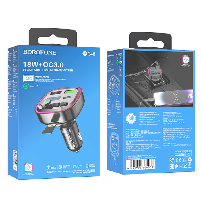 FM модулятор трансмітер Bluetooth QC3.0 Borofone BC48 Broad