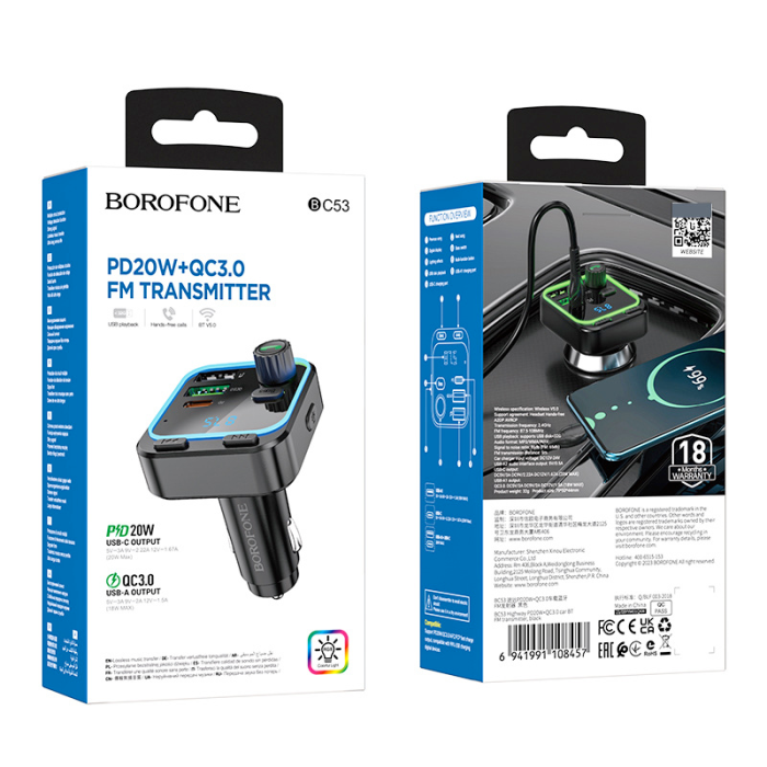 FM модулятор трансмітер Bluetooth PD20W QC3.0 Borofone BC53 Highway зі швидкою зарядкою
