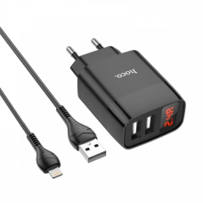 Зарядний пристрій з дисплеєм та кабелем USB - Lightning Hoco C86A Illustrious (2USB/2.4A) Чорний