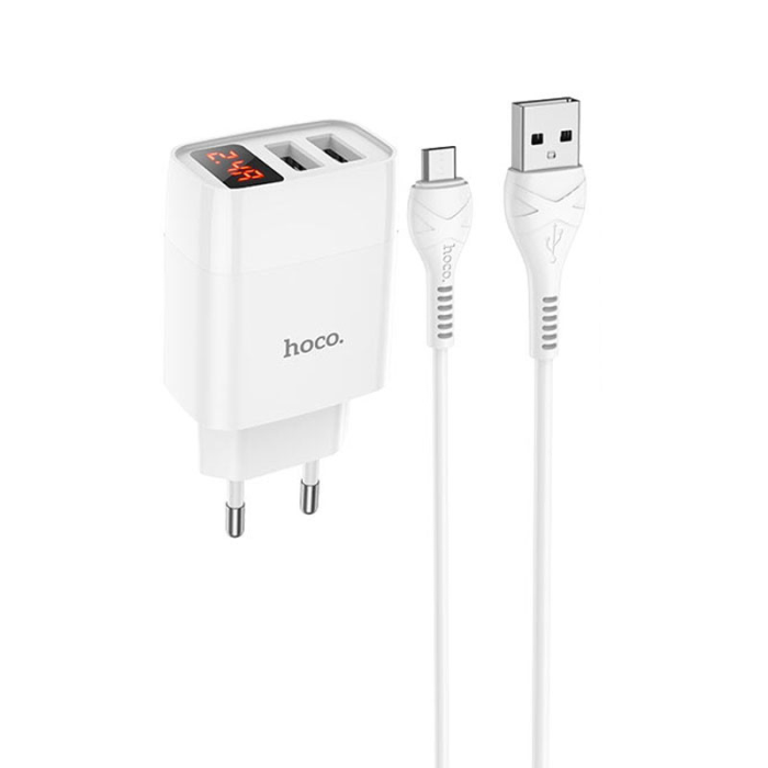 Зарядний пристрій з дисплеєм та кабелем USB - micro USB Hoco C86A Illustrious (2USB/2.4A) Білий