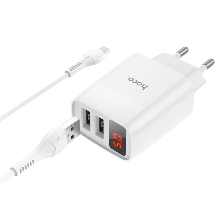 Зарядний пристрій з дисплеєм та кабелем USB - micro USB Hoco C86A Illustrious (2USB/2.4A) Білий