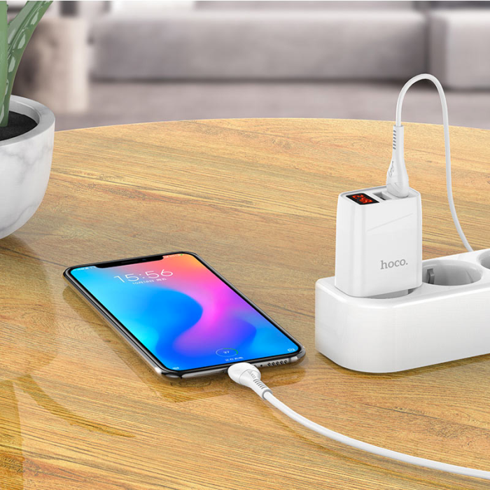 Зарядний пристрій з дисплеєм та кабелем USB - micro USB Hoco C86A Illustrious (2USB/2.4A) Білий