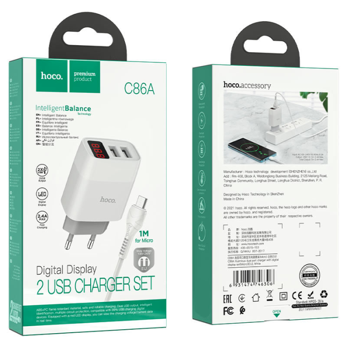 Зарядний пристрій з дисплеєм та кабелем USB - micro USB Hoco C86A Illustrious (2USB/2.4A) Білий