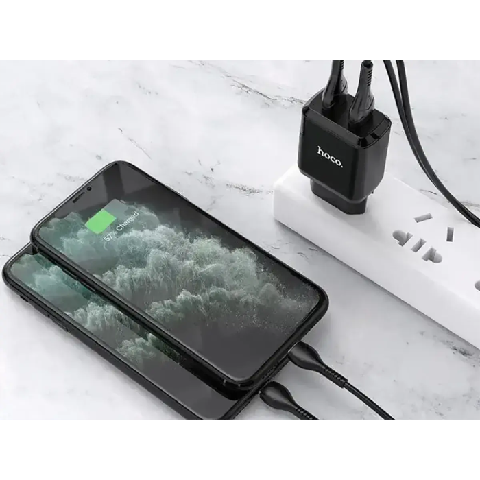 Зарядний пристрій 220В USBx2 з кабелем USB - Lightning Hoco N7 Speedy