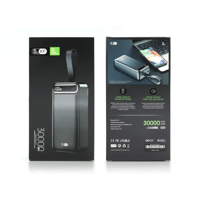 Повербанк великої потужності 30000 mAh KP-39 Power Bank з LED-екраном та ліхтариком