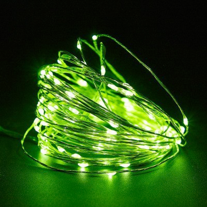 Гірлянда мідний дріт (краплі роси) G GREEN 200 Led 20 метрів працює від батарейок+USB (зелене світло)