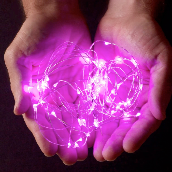 Гірлянда мідний дріт (краплі роси) P PINK 100 Led 10 метрів працює від батарейок + USB (рожеве світло)