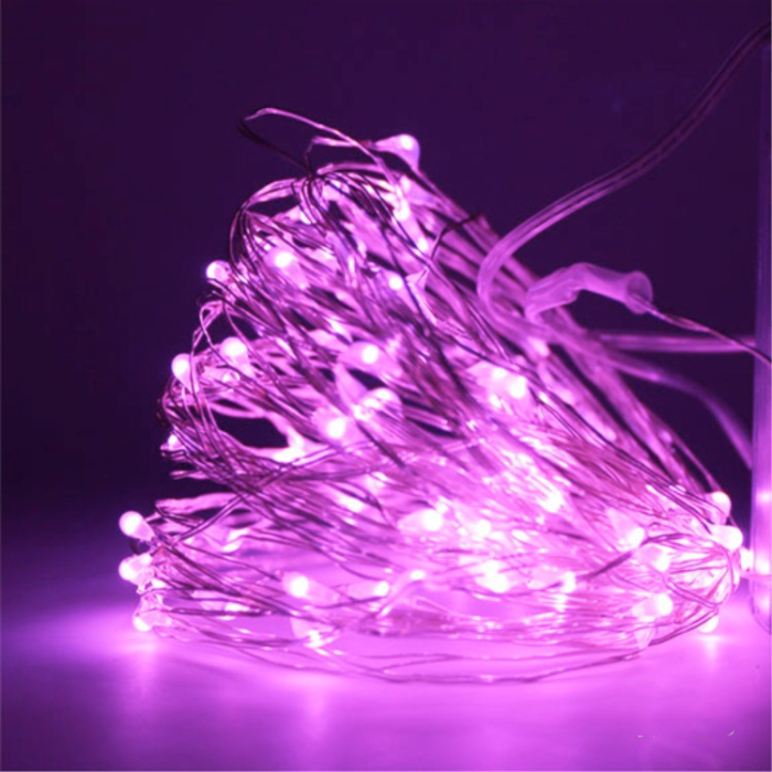 Гірлянда мідний дріт (краплі роси) P PINK 100 Led 10 метрів працює від батарейок + USB (рожеве світло)