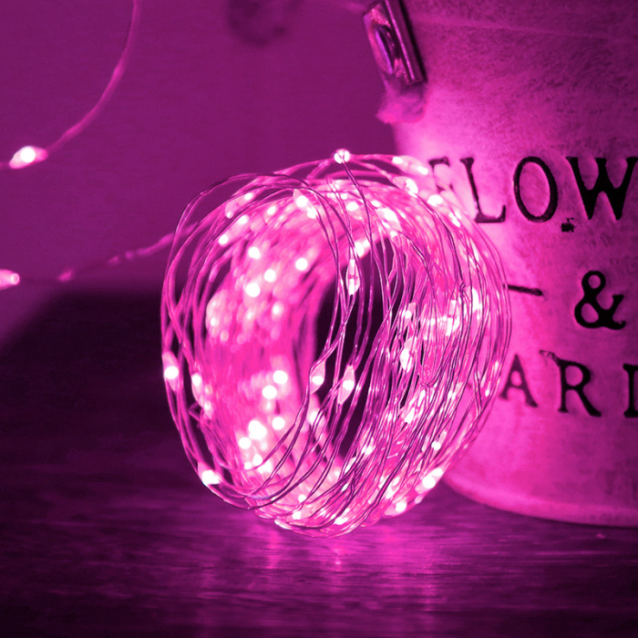 Гірлянда мідний дріт (краплі роси) P PINK 100 Led 10 метрів працює від батарейок + USB (рожеве світло)