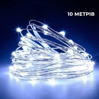 Гирлянда медная проволока (капли росы) W WHITE 100 Led 10 метров работает от батареек+USB (холодный белый свет)