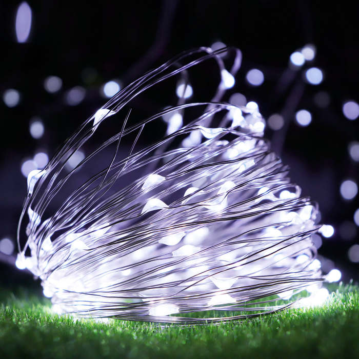 Гірлянда мідний дріт (краплі роси) W WHITE 100 Led 10 метрів працює від батарей + USB (холодне біле світло)