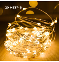 Гірлянда мідний дріт (краплі роси) WW WARM 200 Led 20 метрів працює від батарейок+USB (тепле біле світло)