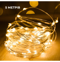 Гірлянда мідний дріт (краплі роси) WW WARM 50 Led 5 метрів працює від батарейок+USB (тепле біле світло)
