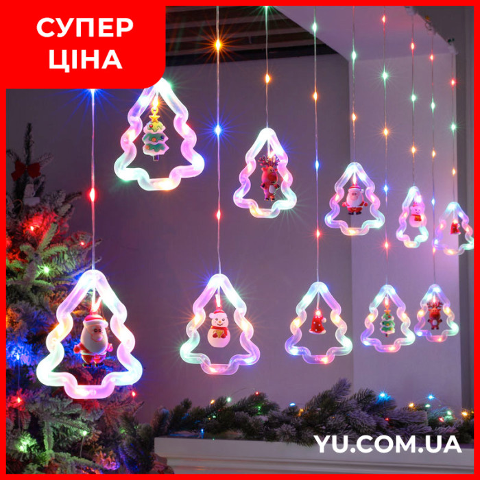 Гірлянда штора "Фігурки в ялинці" 3м мультиколор RGB (ялинка, сніговик, дід мороз, олень, шапка) SF-8-мульти