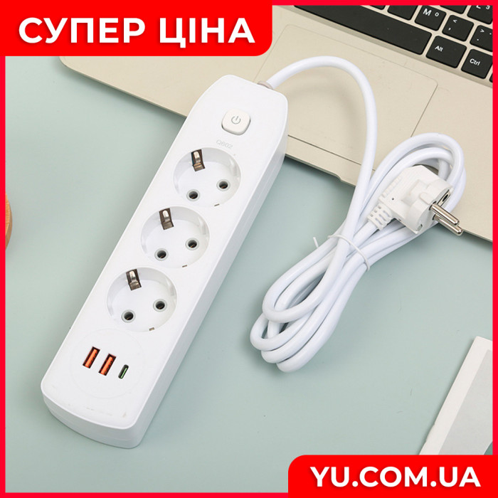 Удлинитель Q602 на 3 розетки 2м + 2USB, Type-c 