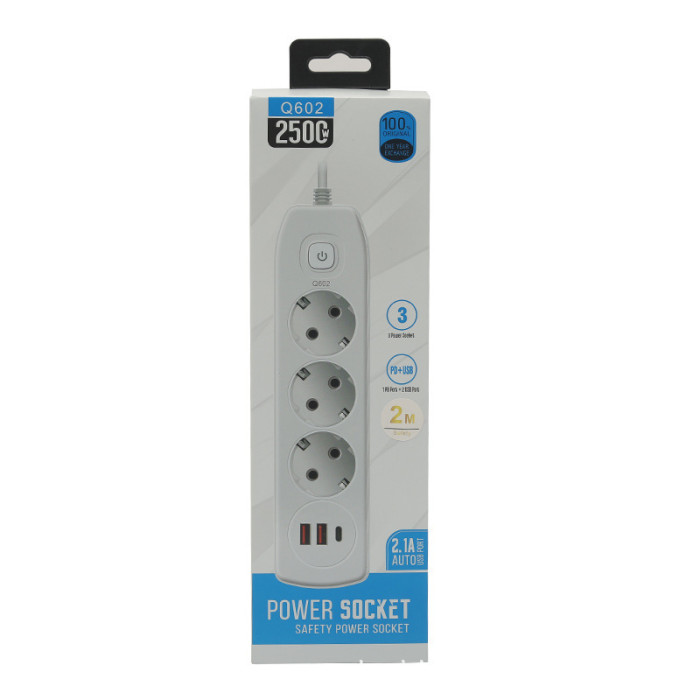 Удлинитель Q602 на 3 розетки 2м + 2USB, Type-c 