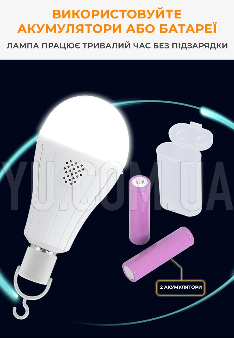 Лампочка з акумулятором 2x18650 20W світлодіодна, 2 режими: від 220В та автономно Лампочка з акумулятором 2x18650 20W світлодіодна, 2 режими: від 220В та автономно