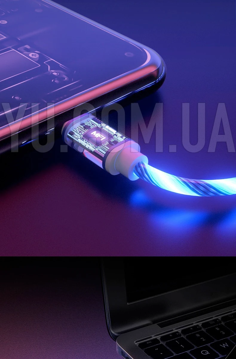 Світлодіодний кабель, що світиться, USB - Lightning 1м для зарядки та передачі даних Світлодіодний кабель, що світиться, USB - Lightning 1м для зарядки та передачі даних