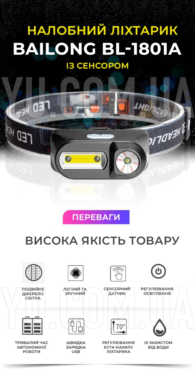 Налобний ліхтарик Bailong BL-1801A /1804A COB XPE + сенсор із usb-зарядкою Налобний ліхтарик Bailong BL-1801A /1804A COB XPE + сенсор із usb-зарядкою