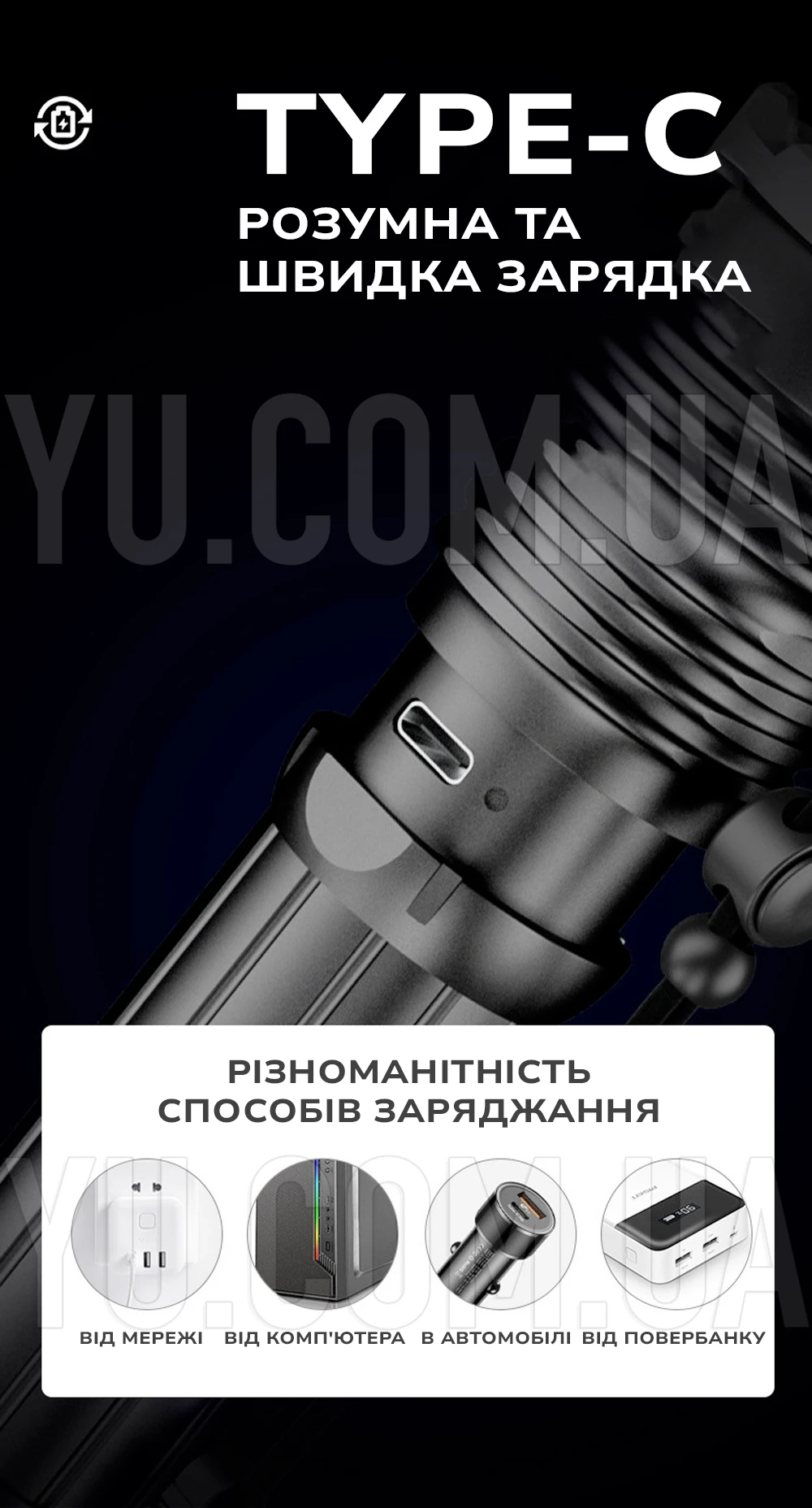 Ручний ліхтарик BL-A85-P90 із зарядкою від USB Ручний ліхтарик BL-A85-P90 із зарядкою від USB