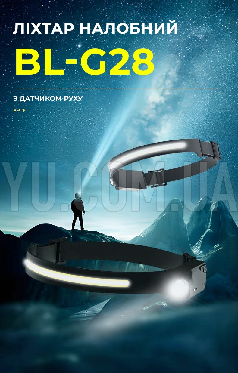 Ліхтар налобний універсальний акумуляторний BL-G28 XPE+COB Sensor з датчиком руху Ліхтар налобний універсальний акумуляторний BL-G28 XPE+COB Sensor з датчиком руху