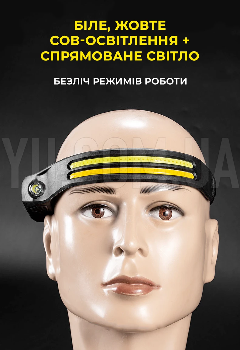 Ліхтар налобний BL-W689-2 LM+2COB (white+yellow), сенсорний, Li-ion акумулятор, USB Ліхтар налобний BL-W689-2 LM+2COB (white+yellow), сенсорний, Li-ion акумулятор, USB