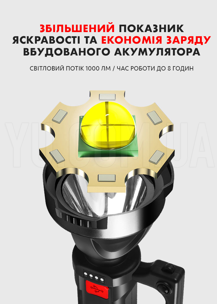 Cветодиодный ручной аккумуляторный фонарь F-902 переносной походный с повербанком USB Cветодиодный ручной аккумуляторный фонарь F-902 переносной походный с повербанком USB