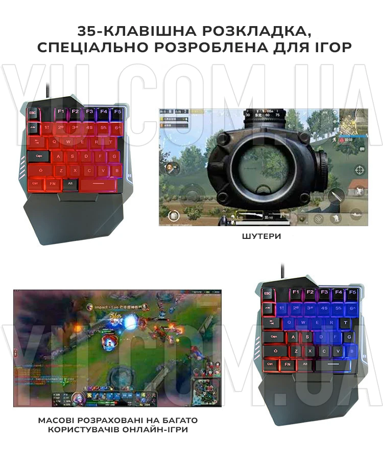 Ігрова міні клавіатура та мишка, від USB з підсвічуванням 198I G506, комплект 2в1 одноручна клавіатура + миша з підсвічуванням Ігрова міні клавіатура та мишка, від USB з підсвічуванням 198I G506, комплект 2в1 одноручна клавіатура + миша з підсвічуванням