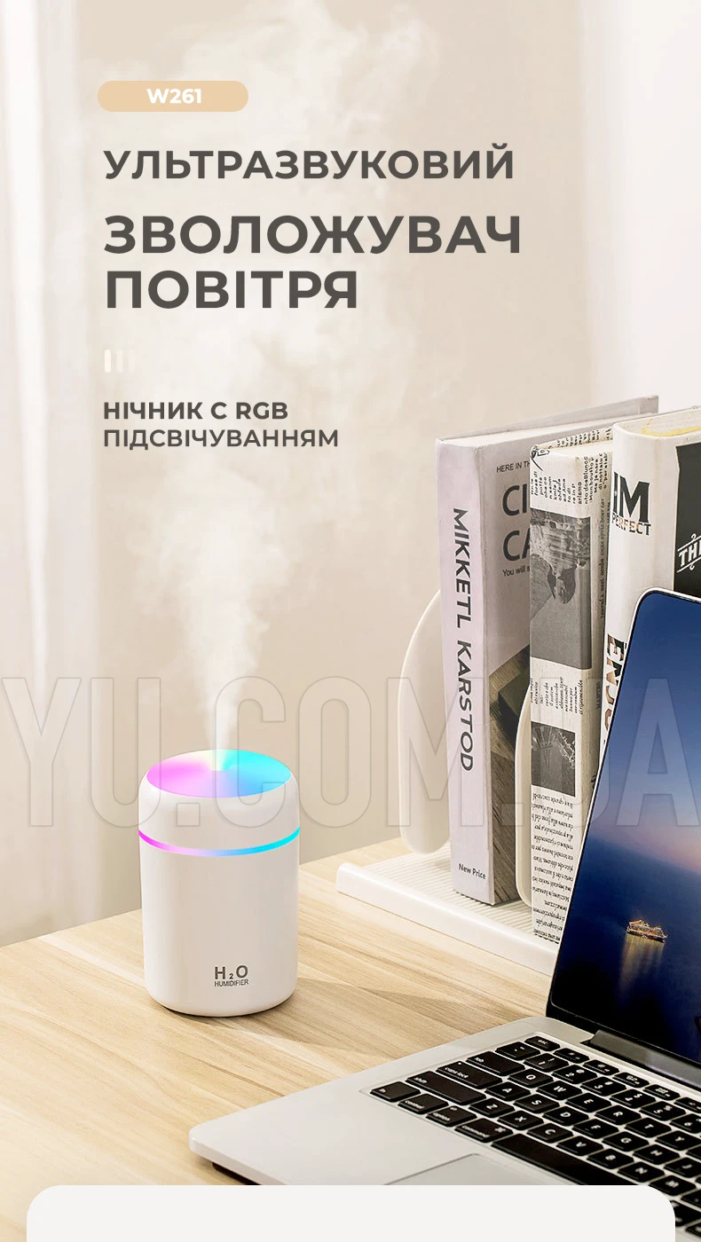 Ультразвуковой увлажнитель воздуха W261 [39], 300 мл, USB, ночник c RGB подсветкой, аромадиффузор
