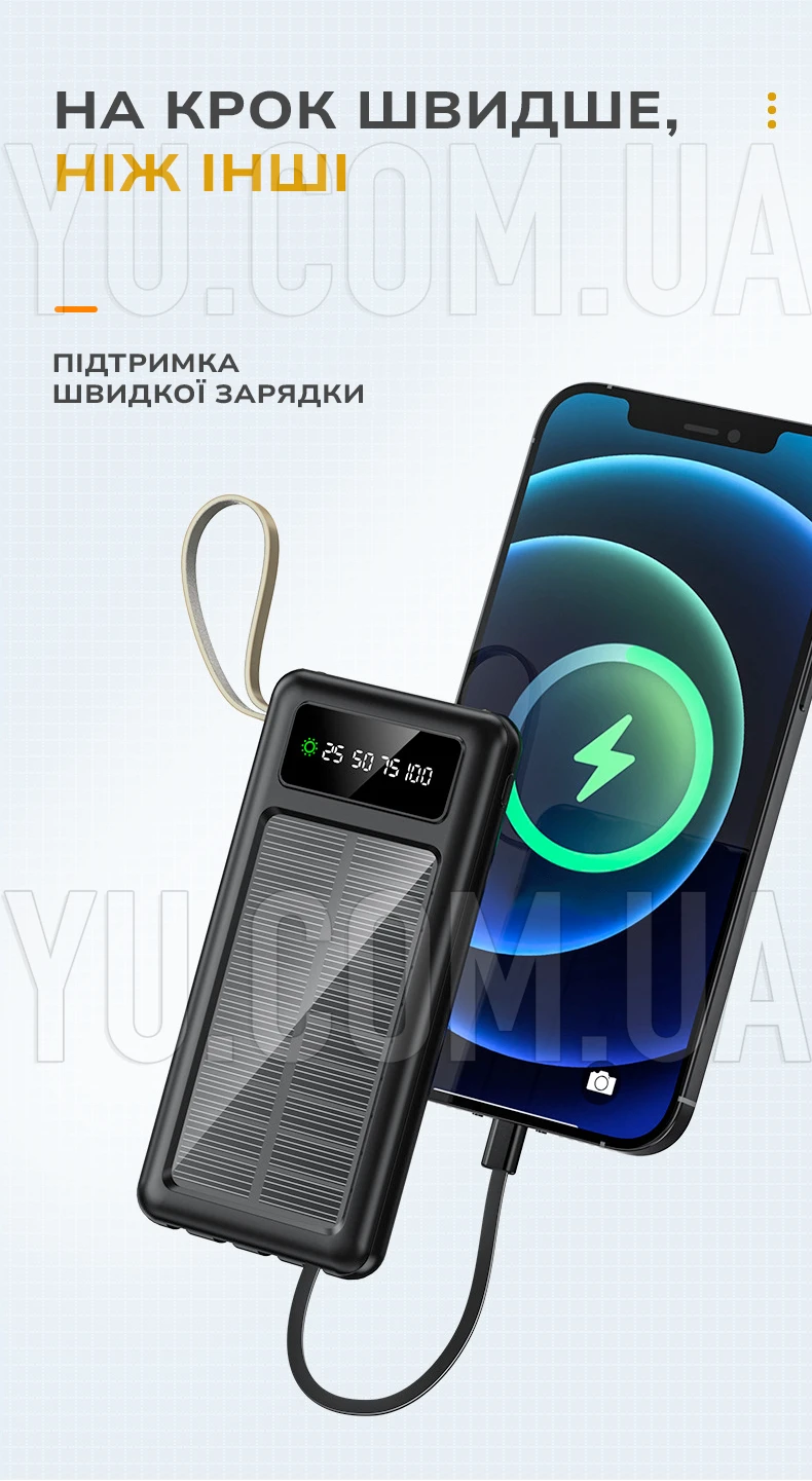 Повербанк 50000 мАг із сонячною батареєю Y90, зовнішній акумулятор із 3 кабелями для зарядки (micro USB, Type-C, iPhone Lightning) Повербанк 50000 мАг із сонячною батареєю Y90, зовнішній акумулятор із 3 кабелями для зарядки (micro USB, Type-C, iPhone Lightning)