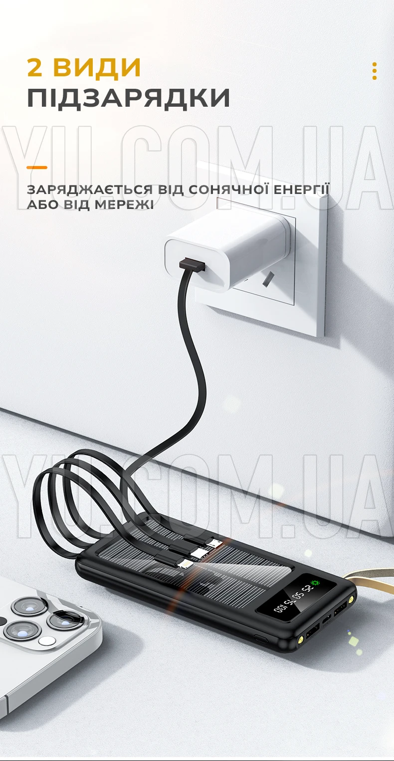 Повербанк 50000 мАг із сонячною батареєю Y90, зовнішній акумулятор із 3 кабелями для зарядки (micro USB, Type-C, iPhone Lightning) Повербанк 50000 мАг із сонячною батареєю Y90, зовнішній акумулятор із 3 кабелями для зарядки (micro USB, Type-C, iPhone Lightning)