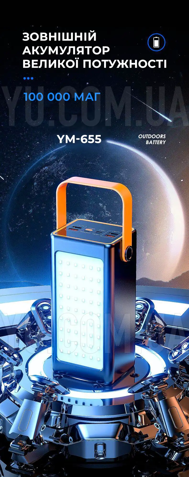 Powerbank зовнішній акумулятор YM-655 100 000 мАг швидка зарядка зі світлодіодним підсвічуванням Powerbank зовнішній акумулятор YM-655 100 000 мАг швидка зарядка зі світлодіодним підсвічуванням