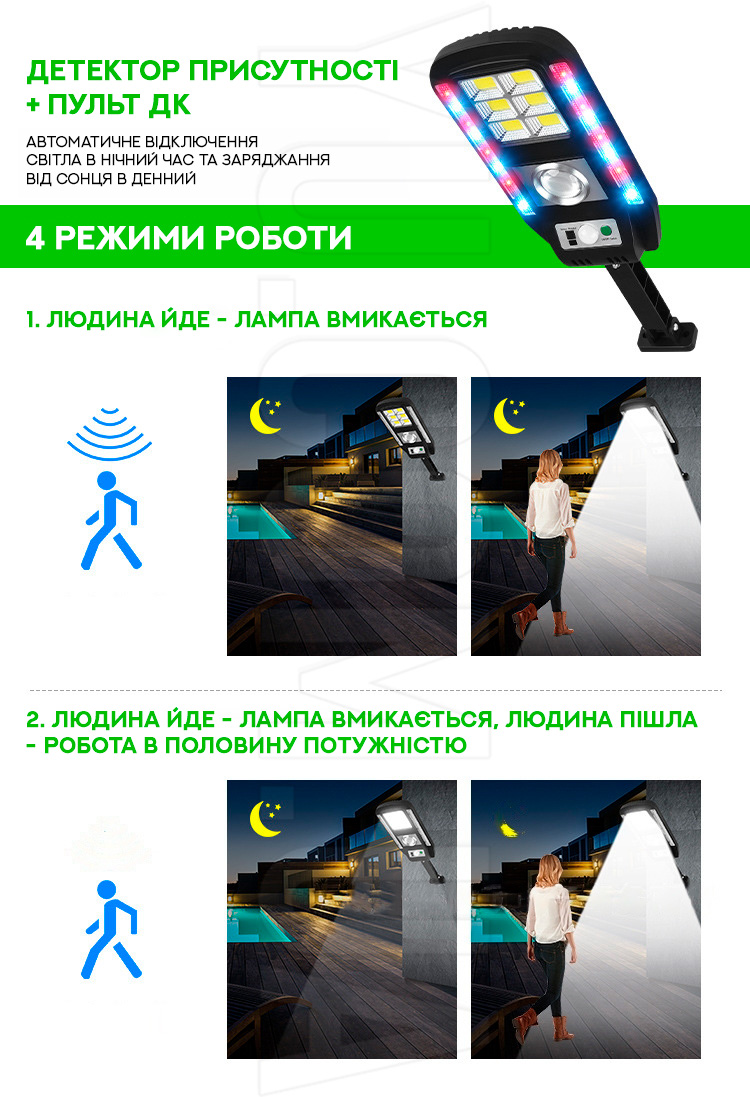 Вуличний прожектор із сонячною панеллю та пультом ДУ + сенсором руху CL 728 Вуличний прожектор із сонячною панеллю та пультом ДУ + сенсором руху CL 728