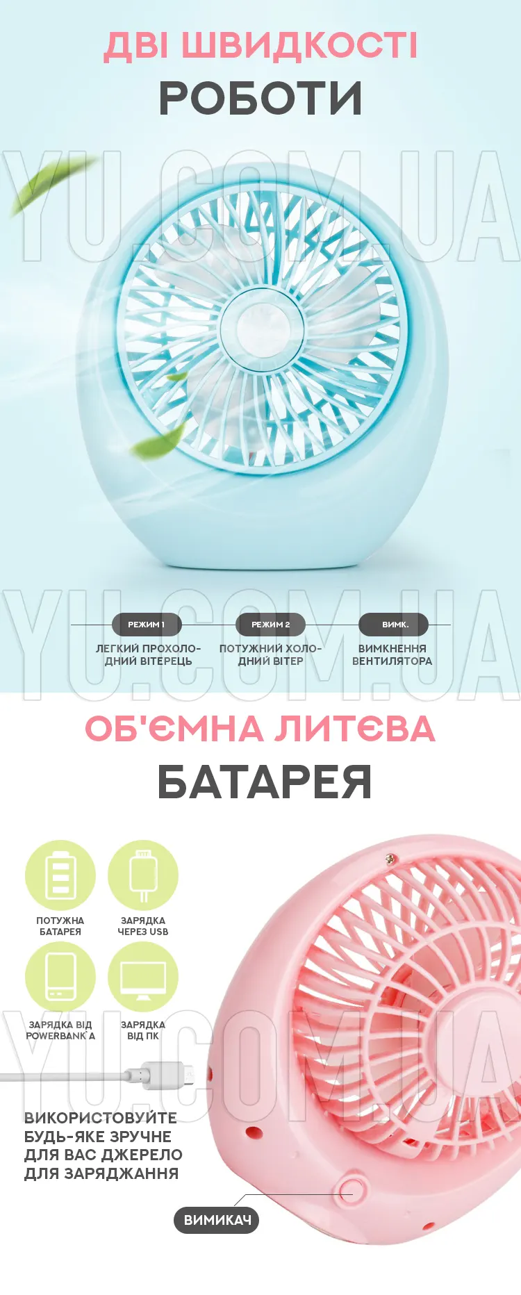 Портативний настільний вентилятор SQ1978A акумуляторний з 2 швидкостями Портативний настільний вентилятор SQ1978A акумуляторний з 2 швидкостями