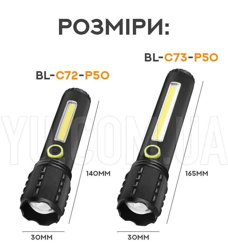 Потужний ручний ліхтарик BL-C72-P50 з бічним світлом Потужний ручний ліхтарик BL-C72-P50 з бічним світлом