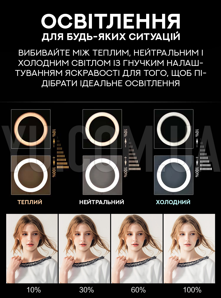 Кільцева LED лампа HQ-14N з 3 кріпленнями та пультом ДК