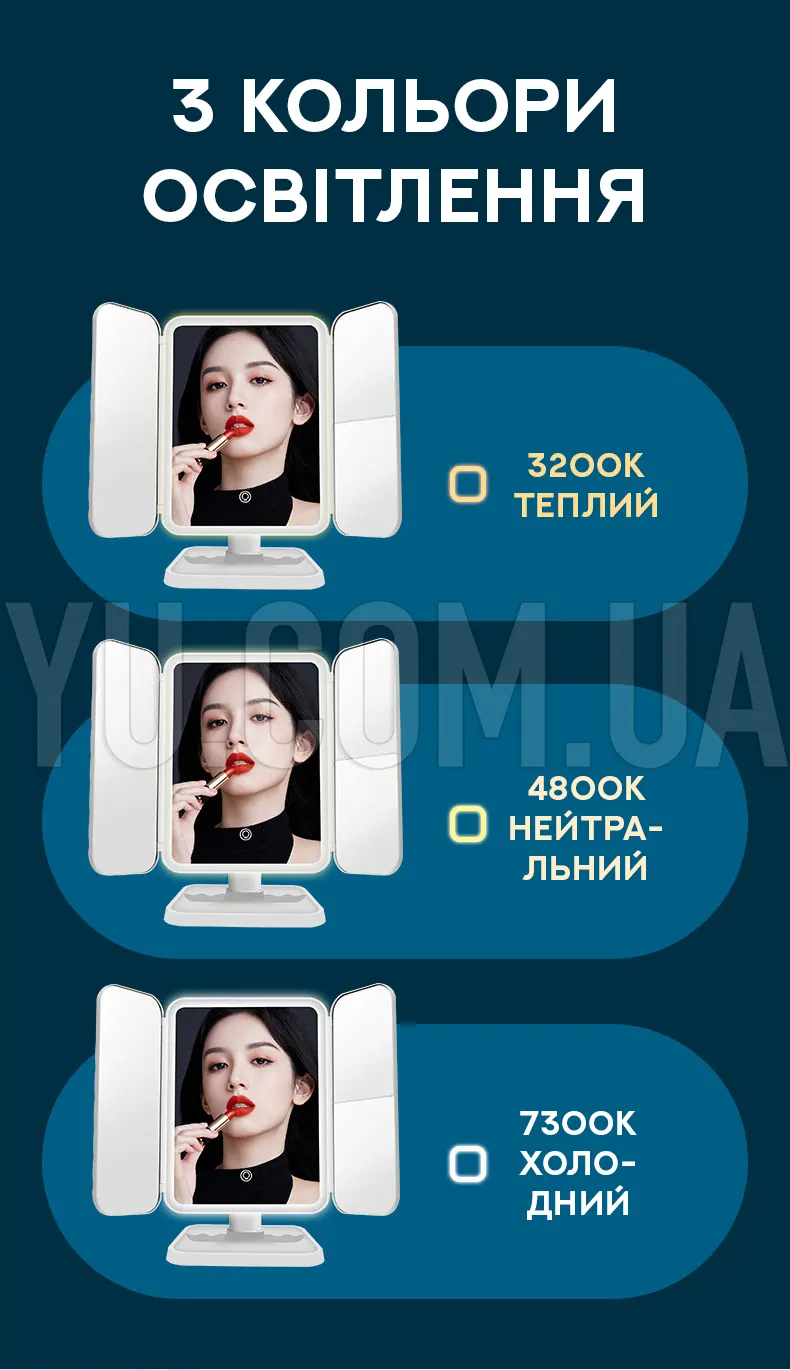 Дзеркало для потрійного макіяжу з LED підсвічуванням XW-810 Дзеркало для потрійного макіяжу з LED підсвічуванням XW-810
