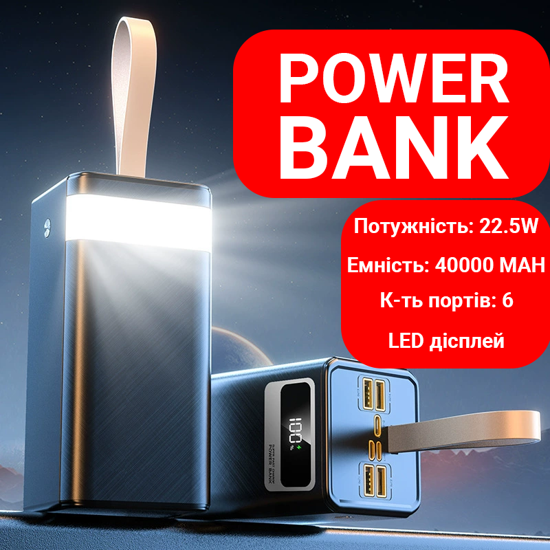 Power Bank 40000 mAh з швидкою зарядкою та Led-фонарем Power Bank 40000 mAh з швидкою зарядкою та Led-фонарем