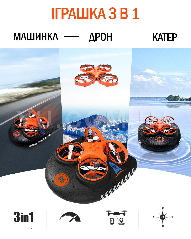 Игрушка 3 в 1 Катер дрон машинка на радиоуправлении Trix 3в1 K2